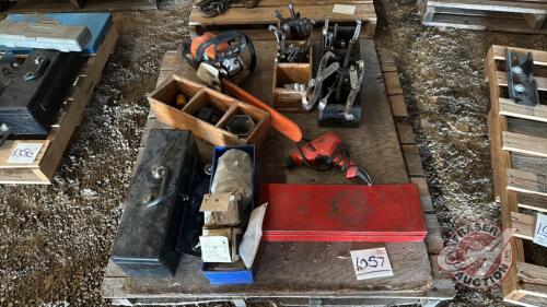 Pallet w/ Stihl MS211 chainsaw, asst&rsquo;d hole saws, axle sockets, JD toolbox w/ frame mount kit including contents (screw drivers, flat wrenches, pliers, hammer), Black and Decker drill, &frac34;&rdquo; socket set with swing bar and ratchet ( 7/8&rdquo; up to 2&rdquo;), Jet S45C 3 