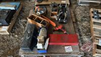 Pallet w/ Stihl MS211 chainsaw, asst&rsquo;d hole saws, axle sockets, JD toolbox w/ frame mount kit including contents (screw drivers, flat wrenches, pliers, hammer), Black and Decker drill, &frac34;&rdquo; socket set with swing bar and ratchet ( 7/8&rdquo; up to 2&rdquo;), Jet S45C 3 