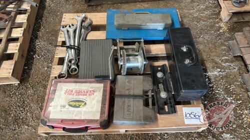 Pallet w/ hand winch, JD tool box w/ frame mount including contents (asst&rsquo;d sockets, set of flat wrenches, pliers), Mastercraft socket set, Fairview air brake service kit, Impact socket set &frac34; drive (13/16&rdquo; up to 1 &frac12;&rdquo;), SKC tap and dye set, set of big flat