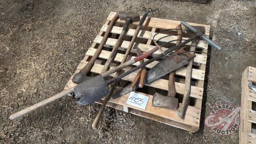 Pallet w/ yard tools, 5 tine fork, 3 tine fork, shop mall, (3) axes, post hole digger, grass clipper, hand saw