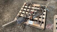 Pallet w/ yard tools, 5 tine fork, 3 tine fork, shop mall, (3) axes, post hole digger, grass clipper, hand saw