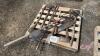 Pallet w/ yard tools, 5 tine fork, 3 tine fork, shop mall, (3) axes, post hole digger, grass clipper, hand saw