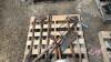 Pallet w/ yard tools, 5 tine fork, 3 tine fork, shop mall, (3) axes, post hole digger, grass clipper, hand saw - 2