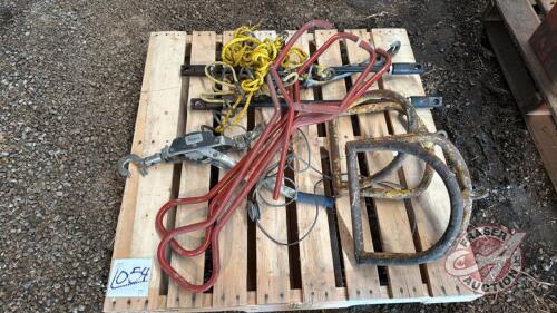 Pallet w/ (2) wheel chocks for airplane, (2) pull handle hitches for airplane front wheel, cable come along, wing tie downs, turn buckle