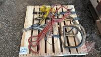 Pallet w/ (2) wheel chocks for airplane, (2) pull handle hitches for airplane front wheel, cable come along, wing tie downs, turn buckle