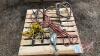 Pallet w/ (2) wheel chocks for airplane, (2) pull handle hitches for airplane front wheel, cable come along, wing tie downs, turn buckle - 2