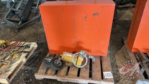 Pallet w/ Monarch water pump, (2) dolly wheels, 72 compartment orange metal bolt bin