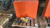 Pallet w/ Monarch water pump, (2) dolly wheels, 72 compartment orange metal bolt bin
