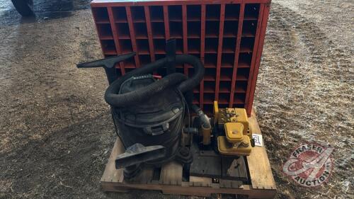 Pallet w/ Briggs + Stratton 1&rdquo; water pump, Mastercraft Shop Vac, 72 compartment orange metal bolt bin