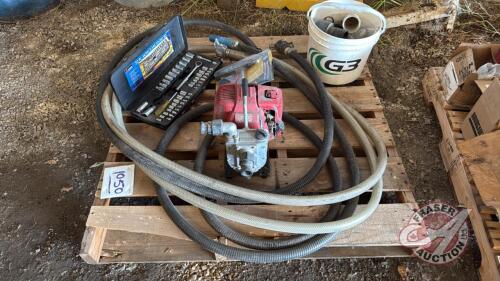 Pallet w/ Honda 1&rdquo; gas powered water pump, asst&rsquo;d hose, plumbing, auto circuit tracer detector, misc socket set (90% complete)