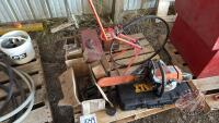 Pallet w/ Stihl 024 chainsaw, measuring wheel, pipe wrench, receiver hitch, recoil off small engine, Dewalt electric reciprocating saw