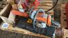 Pallet w/ Stihl 024 chainsaw, measuring wheel, pipe wrench, receiver hitch, recoil off small engine, Dewalt electric reciprocating saw - 10