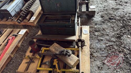Pallet w/ hyd bottle jack, ATV hitch, #2 Armstrong adjustable stock and dye set, pipe cutter, pipe threader, set of tap and dyes in a wooden box, OTC blue metal toolbox (empty)