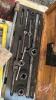 Pallet w/ hyd bottle jack, ATV hitch, #2 Armstrong adjustable stock and dye set, pipe cutter, pipe threader, set of tap and dyes in a wooden box, OTC blue metal toolbox (empty) - 5
