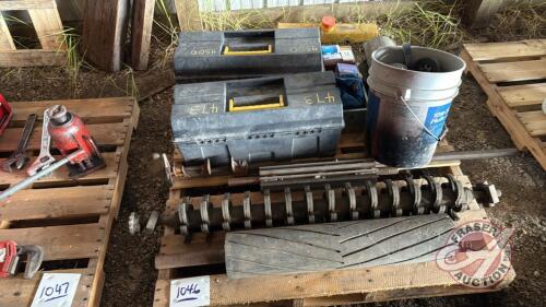 Pallet w/ potato harvester parts, Star wheels, roller drives, (2) boxes of bearings, roller wheels, vice