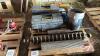 Pallet w/ potato harvester parts, Star wheels, roller drives, (2) boxes of bearings, roller wheels, vice
