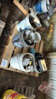 Pallet w/ asst&rsquo;d plumbing fixtures, banjo couplers, banjo valves, (2) electric broom shut off valves, (2) old VHS radios, box w/ asst&rsquo;d large bolts, pallet of chain