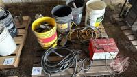 Pallet w/ 10-50 amp Moto Master battery charger booster, asst&rsquo;d extension cords, (4) pails of asst&rsquo;d roller wheels and rollers