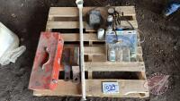 Pallet w/ Red Tech 12A freon, Air conditioning gauges, space heater, sample cup, couple receiver hitches, red metal toolbox w/ asst&rsquo;d flat wrenches and screw drivers