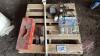 Pallet w/ Red Tech 12A freon, Air conditioning gauges, space heater, sample cup, couple receiver hitches, red metal toolbox w/ asst&rsquo;d flat wrenches and screw drivers