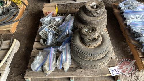 Pallet w/ asst&rsquo;d cultivator shovel nuts and bolts, Asst&rsquo;d nuts and bolts and nails, sieve bushings, (7) asst&rsquo;d sized tires