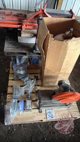 Pallet w/ metal cutting chop saw, Seed treater tank, Asst&rsquo;d pop rivets, cotter pins, hose clamps, springs, set screw assortment, bin level indicator
