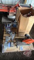 Pallet w/ metal cutting chop saw, Seed treater tank, Asst&rsquo;d pop rivets, cotter pins, hose clamps, springs, set screw assortment, bin level indicator