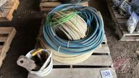 Pallet w/ asst&rsquo;d rolls of plastic tubing, Air seeder hose, Liquid fertilizer hose, water hose, Pail w/ draw pins, trailer balls and a hitch