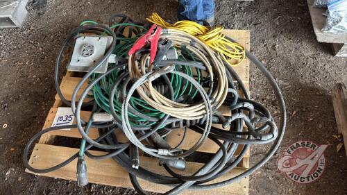Pallet w/ asst&rsquo;d electrical, extension cords, truck wiring cords, stove plug, HD cable