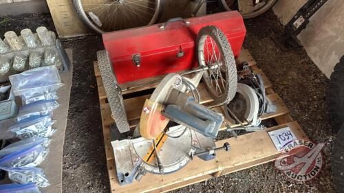Pallet w/ Ryobi mitre chop saw, hand planer, skill saw, red metal toolbox (empty)