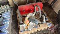 Pallet w/ Ryobi mitre chop saw, hand planer, skill saw, red metal toolbox (empty)