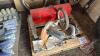 Pallet w/ Ryobi mitre chop saw, hand planer, skill saw, red metal toolbox (empty)