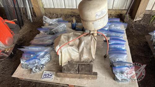 Pallet w/ asst&rsquo;d bolts, nuts and washers (3/8&rdquo; up to 5/8&rdquo;) various sizes and lengths, (4) drill bit indexes w/ drill bits, pressure pump