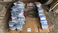 Pallet w/ asst&rsquo;d bolts, various sizes + lengths (&frac14;&rdquo; up to &frac34;&rdquo;), couple small load binders, (4) drill bit indexes w/ drill bits, hacksaw