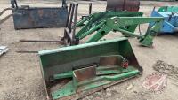 JD 158 loader 6' smooth edge bucket, 2 prong bale fork, H154