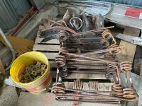 *pallet of harrow tines & cult shovels, (17) 1/2" harrows tines (new), pail of NH3 hose clips, (22) 6" Bourgault knock-on sweeps (new) (8) New beavertails, assorted other shovels & spikes