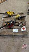 2 electric chain saws 1 gas Jonsered chain saw and chain saw sharpener. (Pallet III)