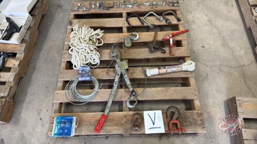 Pallet of assorted U clamps and come-along (Pallet V)