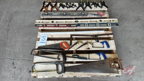 Pallet of assorted tools levels, saws, and clamps (Pallet S)