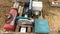 Pallet of wire wheels, chain breakers, Makita chop saw and drill Pallet T