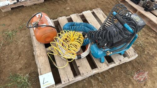 Pallet of assorted air hose, air compressor, electric wire and air tankPallet L