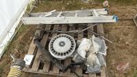 Pallet of lightening rods, metal screws, hub caps, and receiver hitch Pallet K