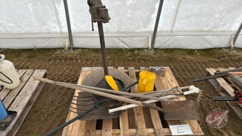 Pallet of yard tools, sample scoops, and vice Pallet E