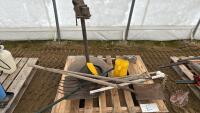 Pallet of yard tools, sample scoops, and vice Pallet E