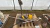 Pallet of yard tools, sample scoops, and vice Pallet E