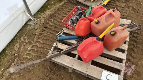 Assortment of Jerry cans, pry bars, gooseneck bars, grease gun Pallet C