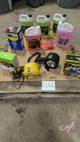 Assortment of windshield washer fluid, plumbing antifreeze, timer, led light for shop, and 2 spot lights - LLLL