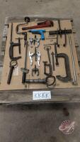 Assortment of table clamps, break bars, tractor pins, gear pullers, vintage torque wrench and pipe wrench- KKKK
