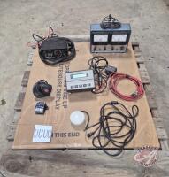 Insta Weigh weigh scale monitor, Sky Track Velocity sensor, Audio pipe electronic winch controller and power box, Ravens sprayer control box, vintage voltameter. (Pallet UUUU)