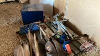 K33. Pallet of miscellaneous, box, shovels, weed whipper, etc